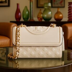 Tory Burch Fleming Ivory Leather Small Convertible Shoulder Bag/Crossbody Bag